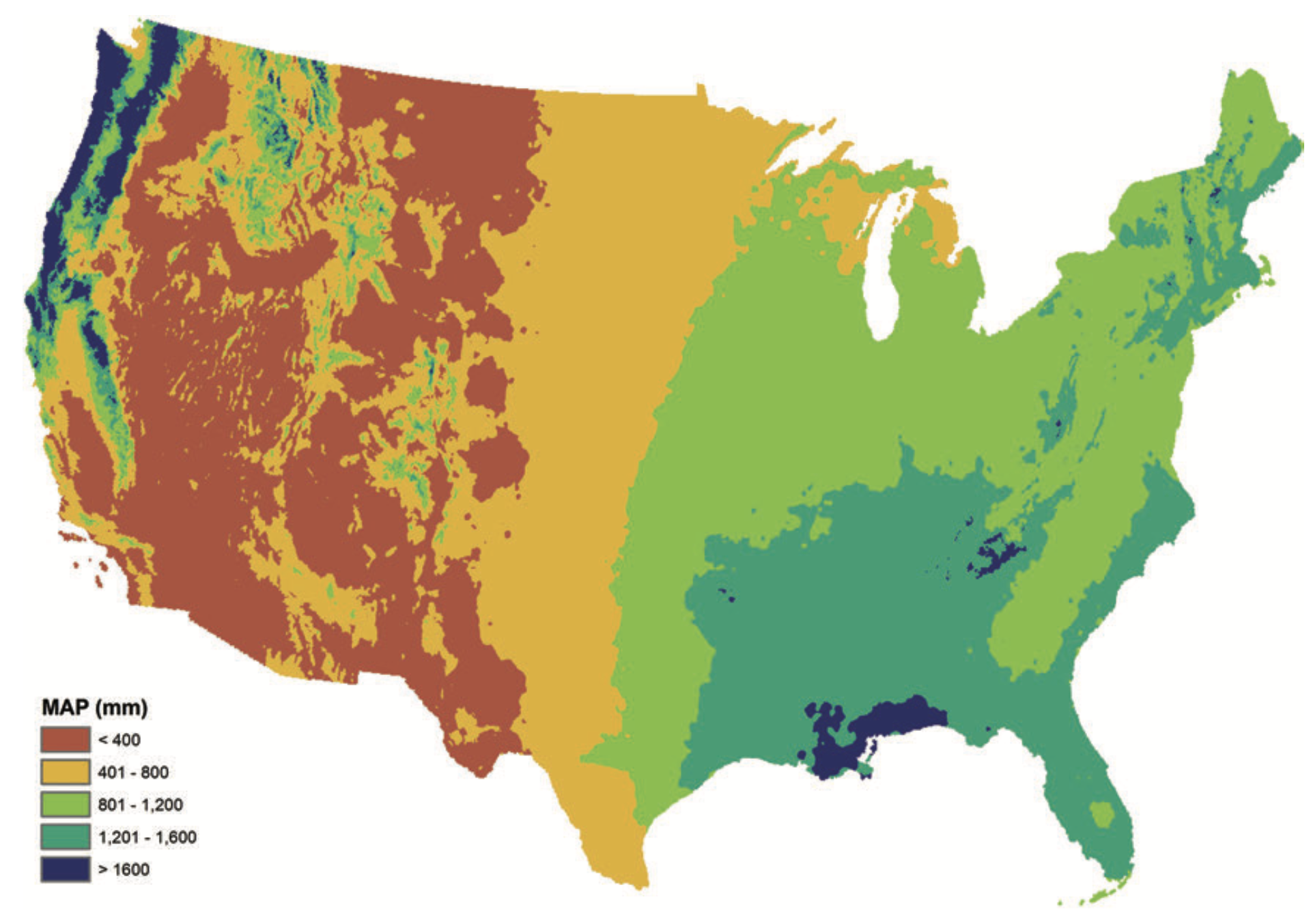 National Atmospheric Deposition Program – annual precipitation USA in 1996. Although mountainous areas have a higher rainfall, and block rainfall reaching the centre, they do not provide the only explanation USA 1996 Precipitation