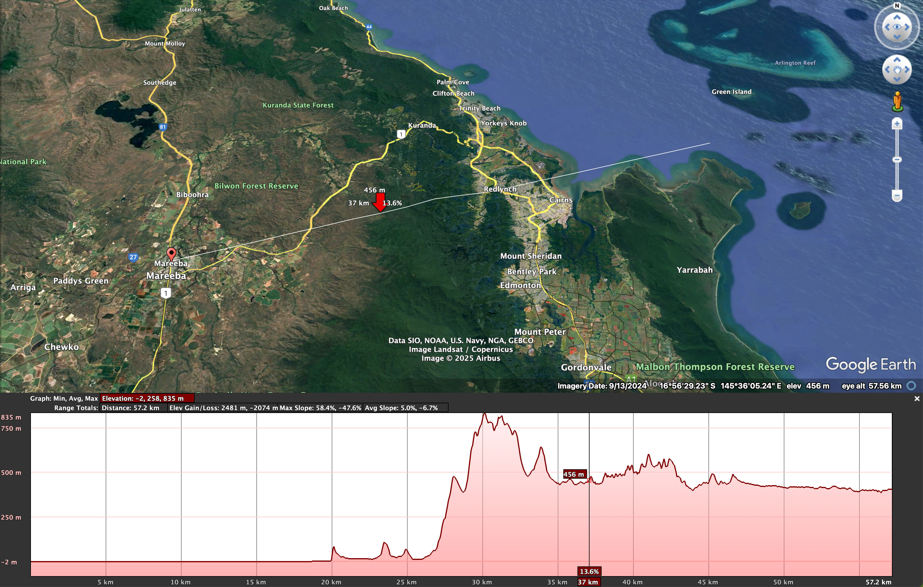 Elevation profile for moist air coming from the East Google Maps Mareeba